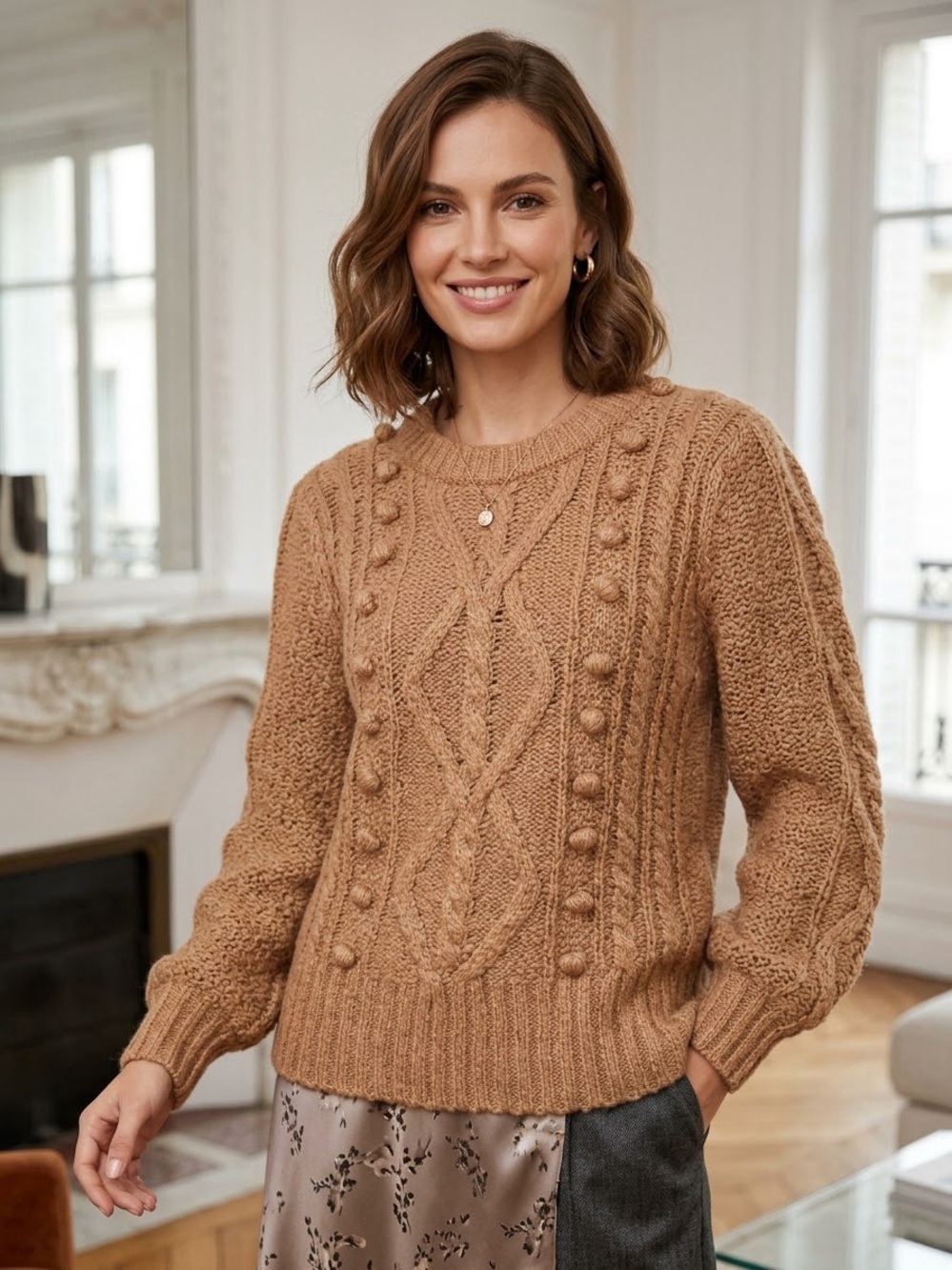 Joie Bia Tan Cable-Knit Puff-Sleeve Sweater Size Medium